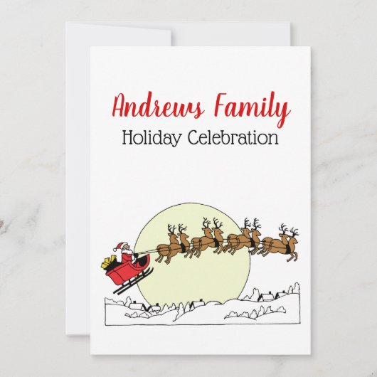 Santa Reindeer Over Snow Covered Town Lt Moon Einladung (Vorderseite)