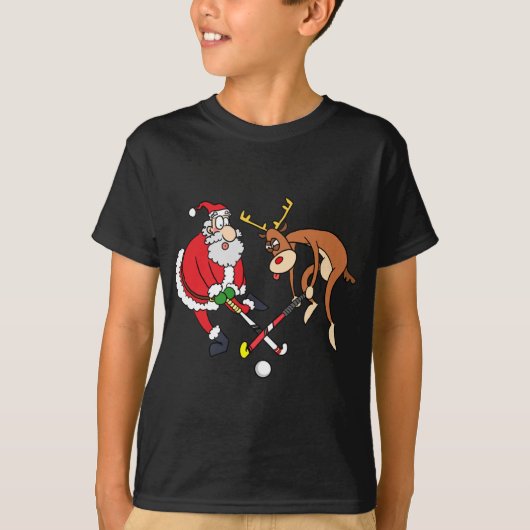 Santa Reindeer Playing Field Hockey Player Xmas Fu T-Shirt (Vorderseite)