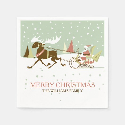 Santa & Reindeer Retro Weihnachtsdesign Serviette (Vorderseite)