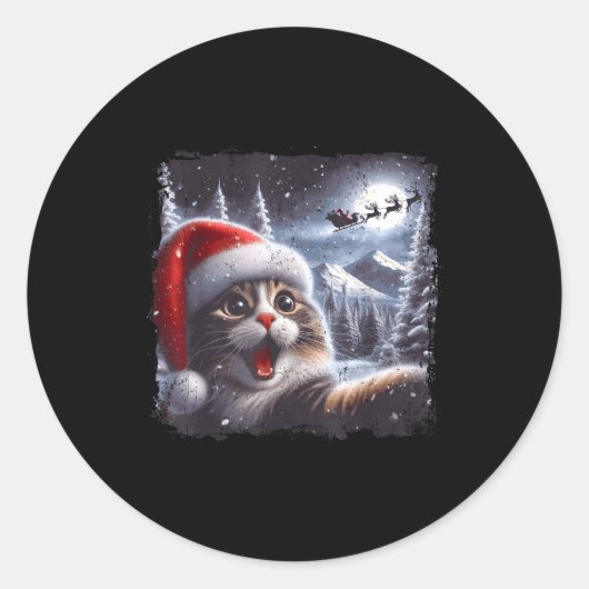 Santa Reindeer Selfie Cat Funny Christmas Tee  Runder Aufkleber (Vorderseite)