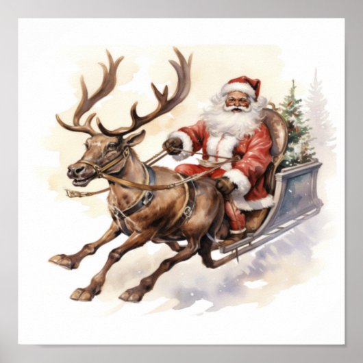 Santa Reindeer Sleigh mit Tree Poster (Vorne)
