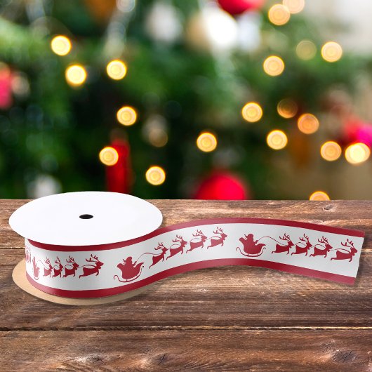 Santa Reindeer Sleigh Red White Satinband