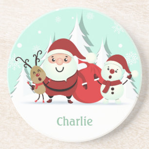 Santa, Reindeer & Snowman individuelle Name Unters Sandstein Untersetzer