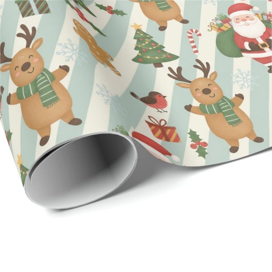 Santa & Reindeer Striped Christmas Wrapping Paper Geschenkpapier (Rolleneckpunkt)