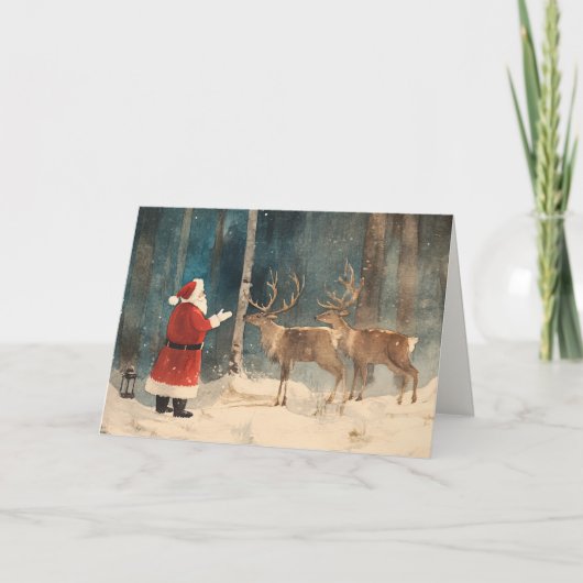 Santa Reindeer Vintage Feiertagskarte (Vorderseite)