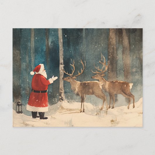 Santa Reindeer Vintage Feiertagspostkarte (Vorderseite)