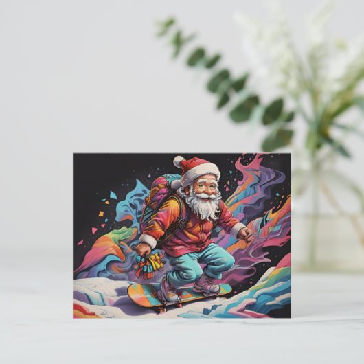 Santa Reiten Snowboard Psychedelische Farben Postkarte (Stehend Vorderseite)