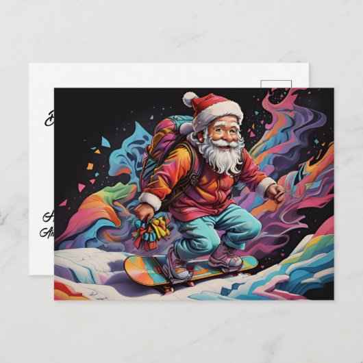 Santa Reiten Snowboard Psychedelische Farben Postkarte (Vorne/Hinten)