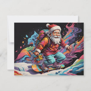Santa Reiten Snowboard Psychedelische Farben Postkarte