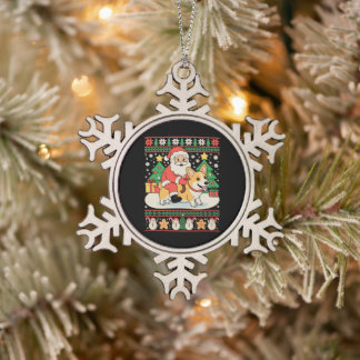 Santa Reitend Corgi Hund Hässliche Weihnachten Xma Schneeflocken Zinn-Ornament
