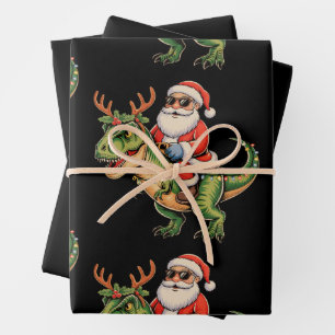 Santa reitet auf Dinosaurier T Rex Weihnachten Ret Geschenkpapier Set