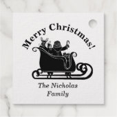 Santa, Rentier in Sleigh Weihnachtsfamilie Name Geschenkanhänger (Rückseite)