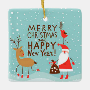 Santa, Rentier und Vogel mit Schneeflocken Keramikornament
