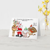 Santa, Rentiere, Gnome und Truthühner Cartoon Karte (Gelbe Blume)