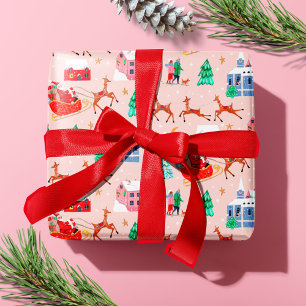 Santa & Rentiere Rosa Weihnachten Nordisches Dorf Geschenkpapier