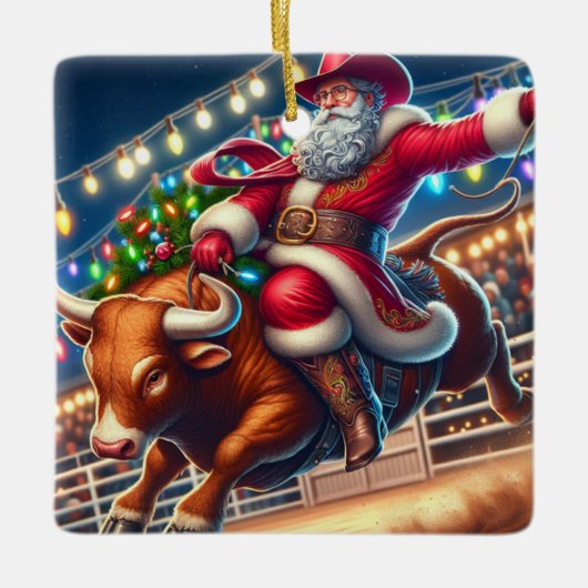 Santa Riding a Rodeo Bull Weihnachten Keramikornament (Vorderseite)