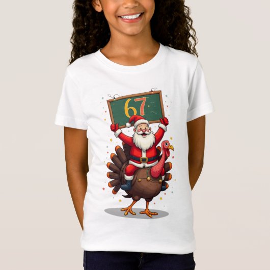 🎅🦃 Santa Riding a Turkey with Number 67 Funny T-Shirt (Vorderseite)