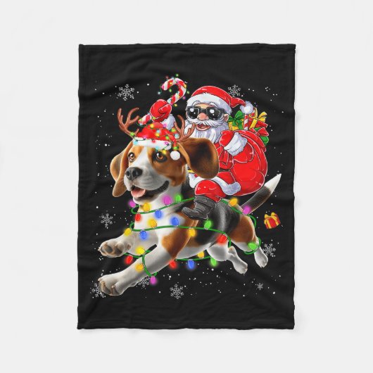 Santa Riding Beagle Christmas Lights Funny Dog Xma Fleecedecke (Vorderseite)