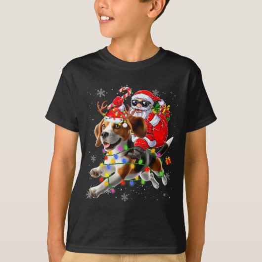 Santa Riding Beagle Christmas Lights Funny Dog Xma T-Shirt (Vorderseite)