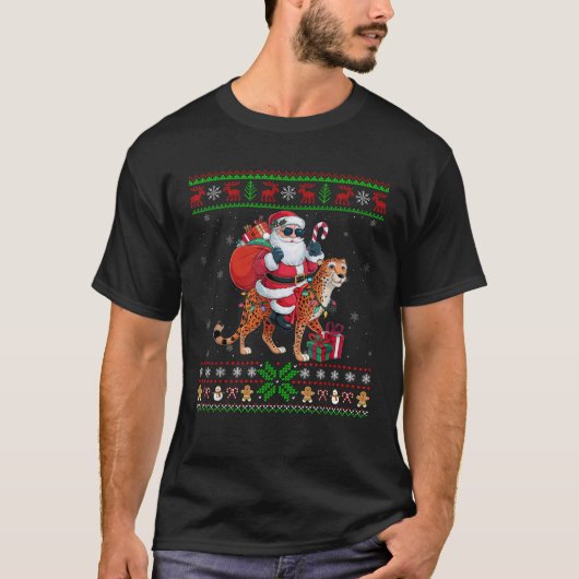 Santa Riding Cheetah Weihnachtslicht Ugly Xmas T-Shirt (Vorderseite)