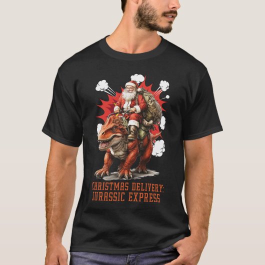 Santa Riding Dino Men Black T-Shirt (Vorderseite)