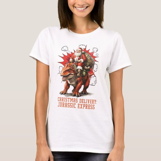 Santa Riding Dino Women White T-Shirt (Vorderseite)