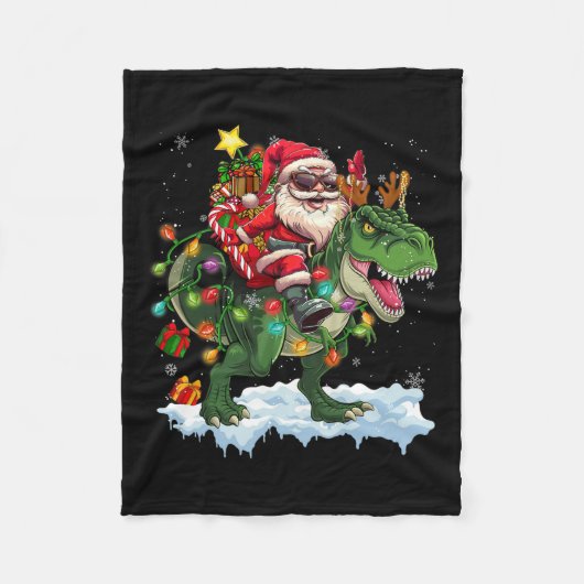 Santa Riding Dinosaur T Rex Weihnachtsbaum Lichter Fleecedecke (Vorderseite)