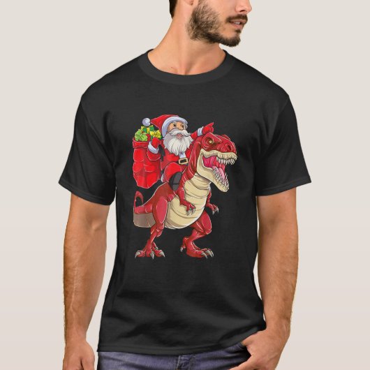 Santa Riding Dinosaur T Rex Weihnachtsfest T-Shirt (Vorderseite)