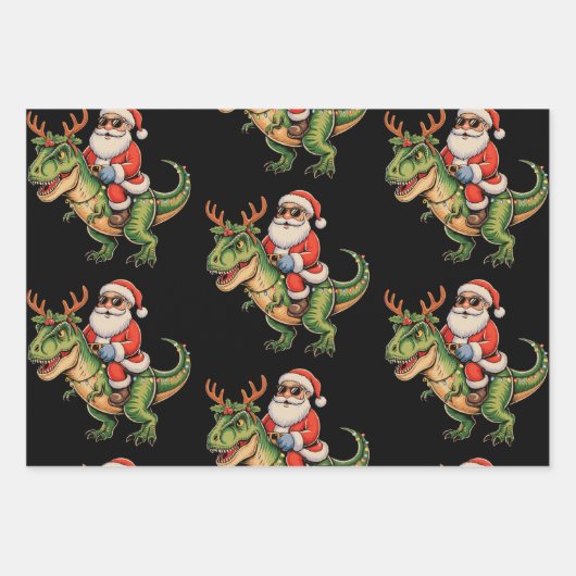 Santa Riding Dinosaurier T Rex Weihnachts Retro Xm Geschenkpapier Set (Vorderseite)