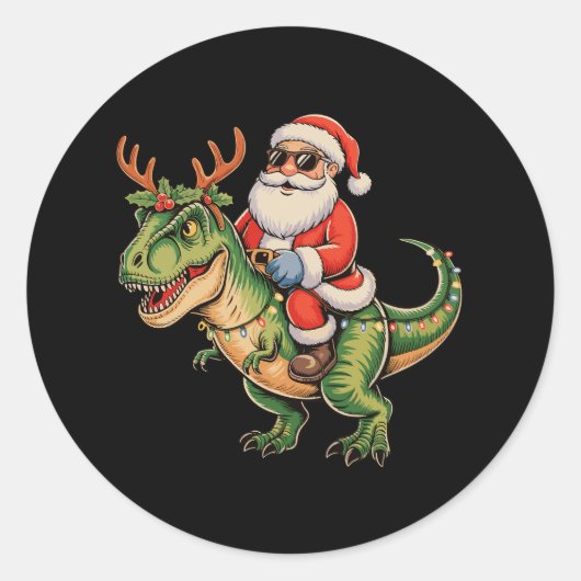 Santa Riding Dinosaurier T Rex Weihnachts Retro Xm Runder Aufkleber (Vorderseite)