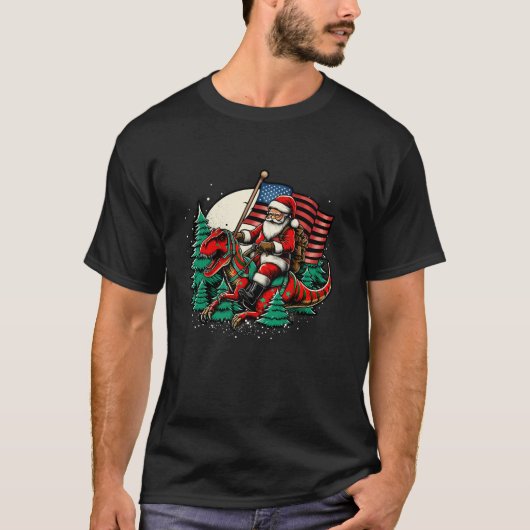 Santa Riding Dinosaurier USA Flag T Rex Weihnachte T-Shirt (Vorderseite)