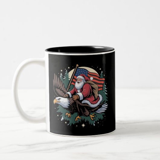 Santa Riding Eagle USA Flag Weihnachten Zweifarbige Tasse (Links)