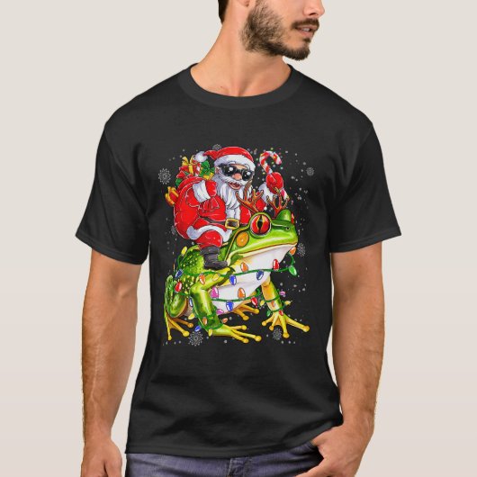 Santa Riding Frog Christmas Lights Funny Xmas Tree T-Shirt (Vorderseite)