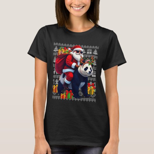Santa Riding Panda Weihnachtslicht Ugge Weihnachte T-Shirt (Vorderseite)