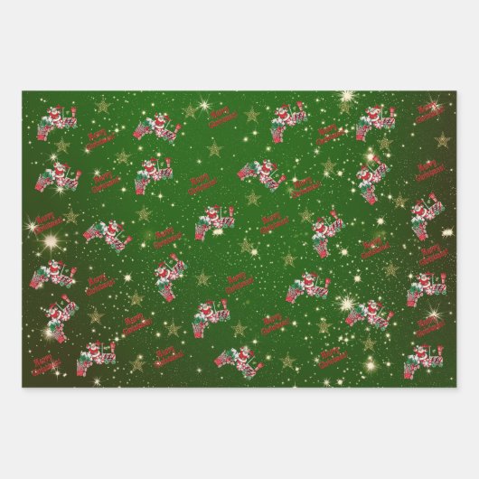 Santa Riding Red Train Gold Stars Frohe Weihnachte Geschenkpapier Set (Vorderseite 2)