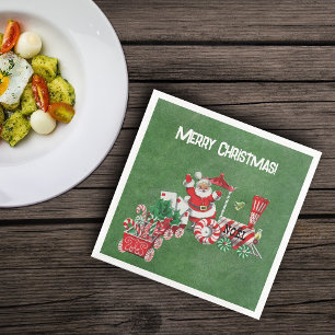 Santa Riding Red White Christmas Train Dark Green Serviette