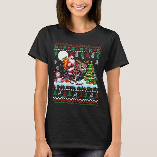 Santa Riding Reindeer Owl Sweater Xmas Tree Snowma T-Shirt (Vorderseite)