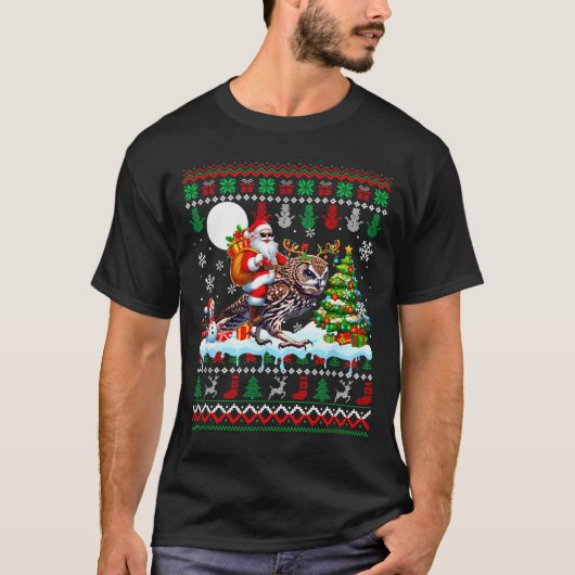 Santa Riding Reindeer Owl Sweater Xmas Tree Snowma T-Shirt (Vorderseite)