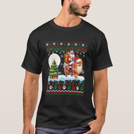 Santa Riding Reindeer Pomeranian Christmas Sweater T-Shirt (Vorderseite)
