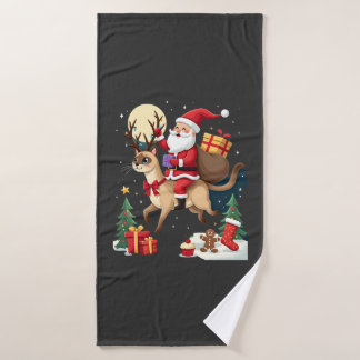Santa Riding Reindeer Siamese Cat Christmas Tree L Badehandtuch
