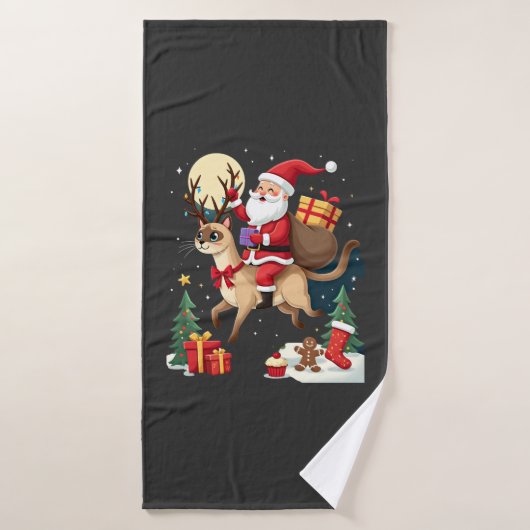 Santa Riding Reindeer Siamese Cat Christmas Tree L Badehandtuch (Badehandtuch)