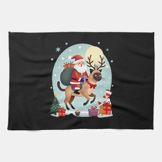 Santa Riding Reindeer Siamese Cat Christmas Tree L Geschirrtuch (Horizontal)