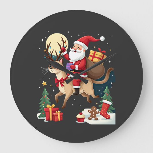 Santa Riding Reindeer Siamese Cat Christmas Tree L Große Wanduhr (Vorderseite)