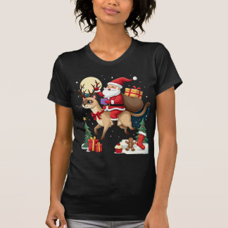 Santa Riding Reindeer Siamese Cat Christmas Tree L T-Shirt