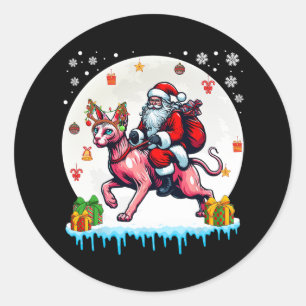 Santa Riding Reindeer Sphynx Cat Christmas Eigentü Runder Aufkleber
