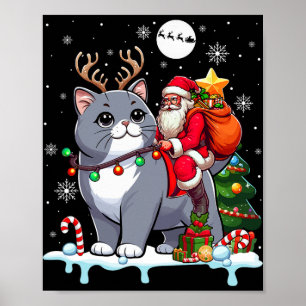 Santa Riding Rentier British Shorthair Xmas Tree Poster