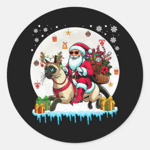 Santa Riding Rentier Burmese Katzenweihbesitzer Runder Aufkleber