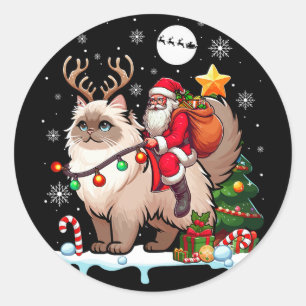 Santa Riding Rentier Himalayan Cat Xmas Tree Cola Runder Aufkleber