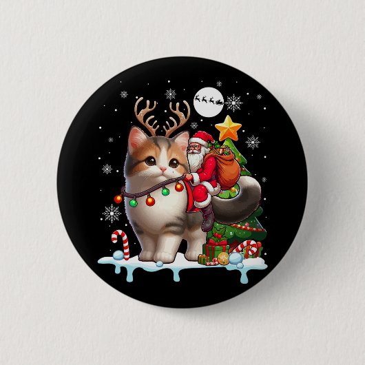 Santa Riding Rentier Munchkin Katze Weihnachtsbaum Button (Vorderseite)