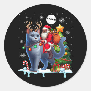 Santa Riding Rentier Russian Blue Xmas Tree Color Runder Aufkleber